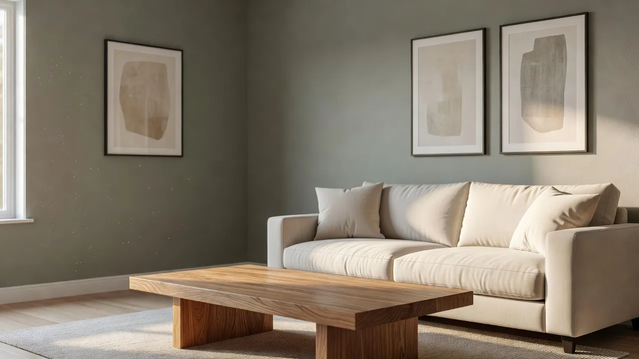 Living room featuring walls painted in Sherwin Williams Retreat green-gray with modern furniture and warm natural lighting.