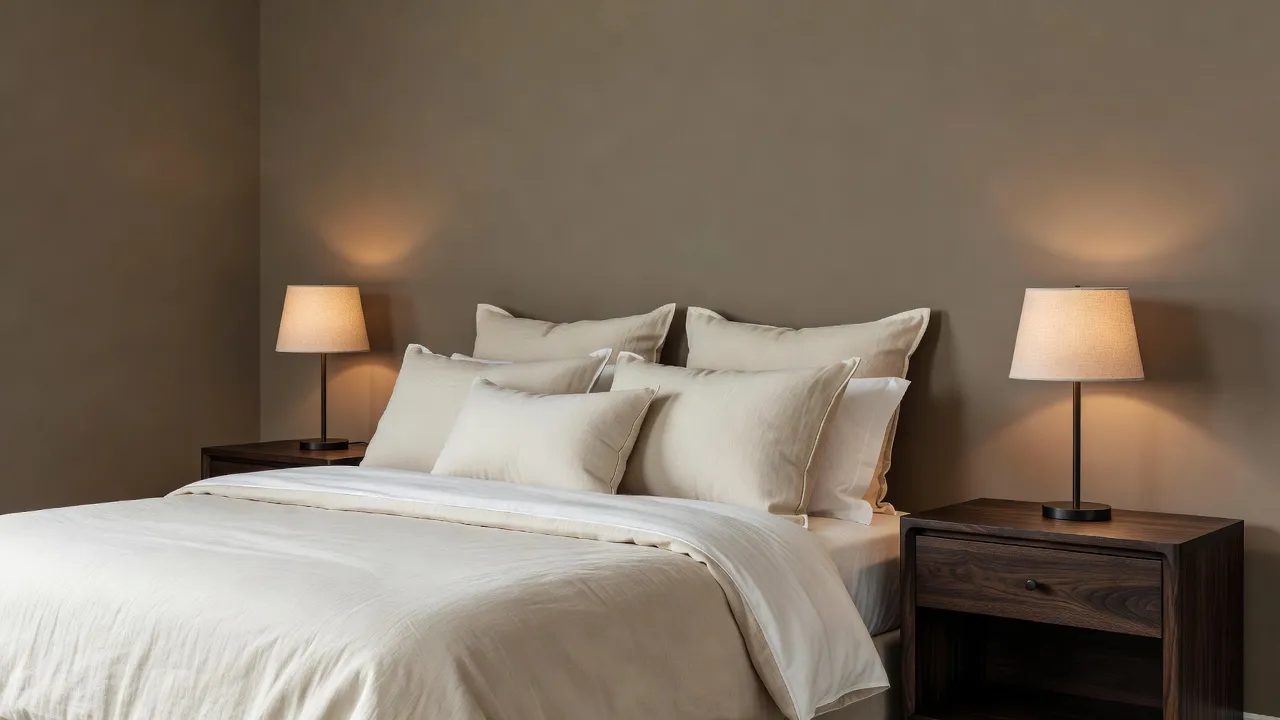 Bedroom featuring Sherwin-Williams Shiitake painted walls with warm lighting and walnut nightstands.