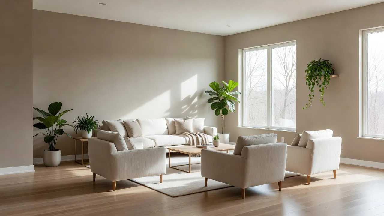 Living room painted in Sherwin-Williams Shiitake warm greige color with stylish furniture.