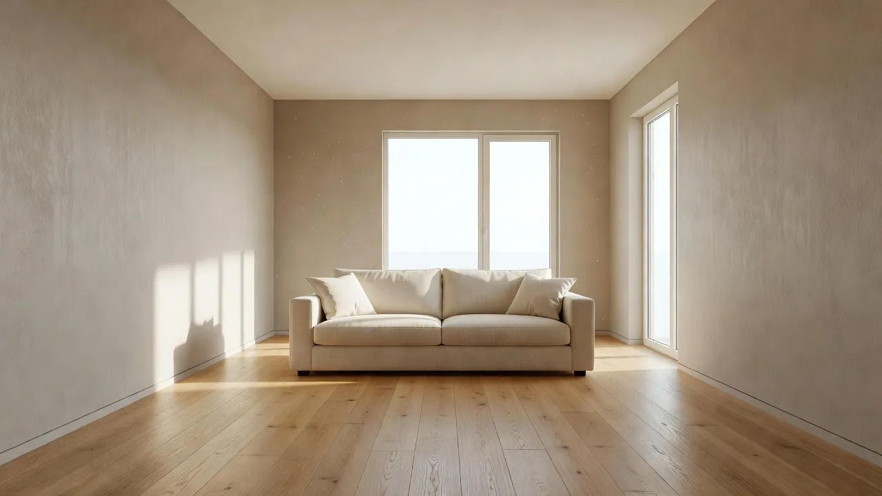 Modern living room with walls painted in warm greige Sherwin-Williams Shiitake under daylight.