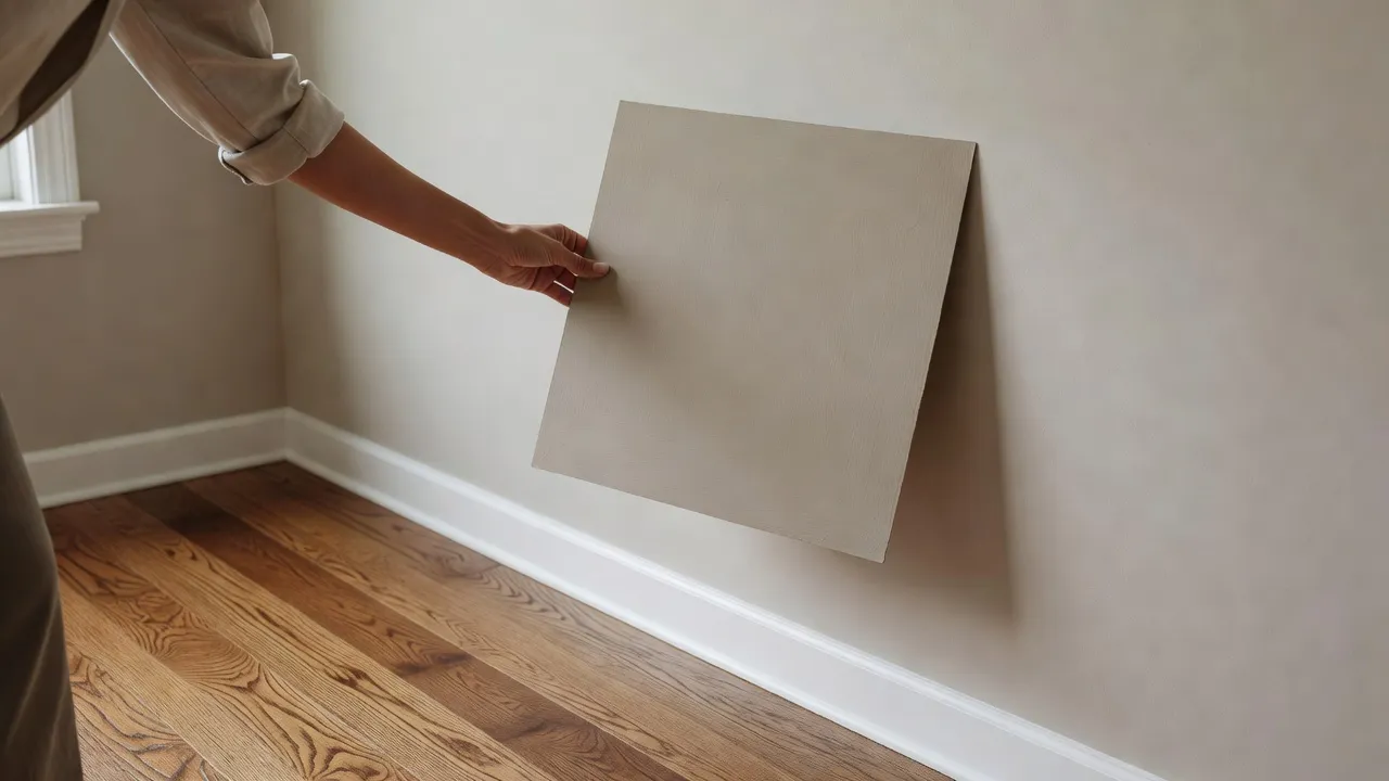Testing a paint color sample swatch of Sherwin-Williams Shiitake against an interior wall.