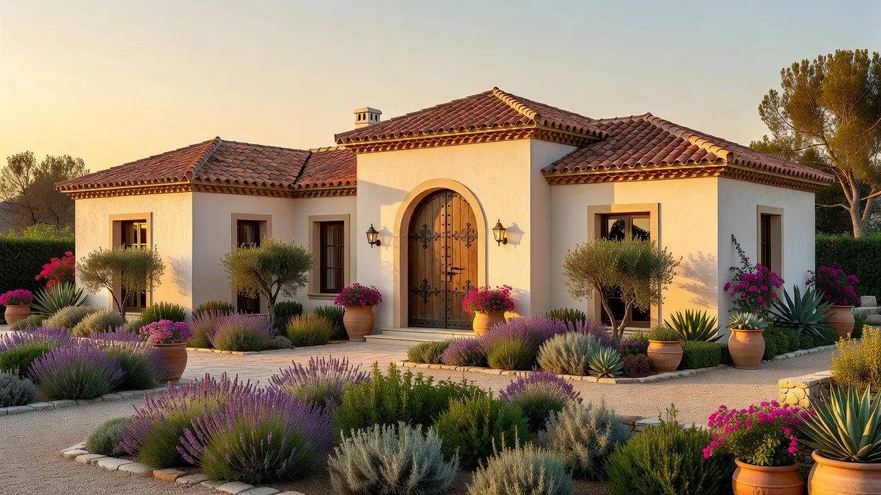 Beautiful Spanish style house exterior featuring red barrel tile roof, off-white stucco walls, and arched timber entry door.