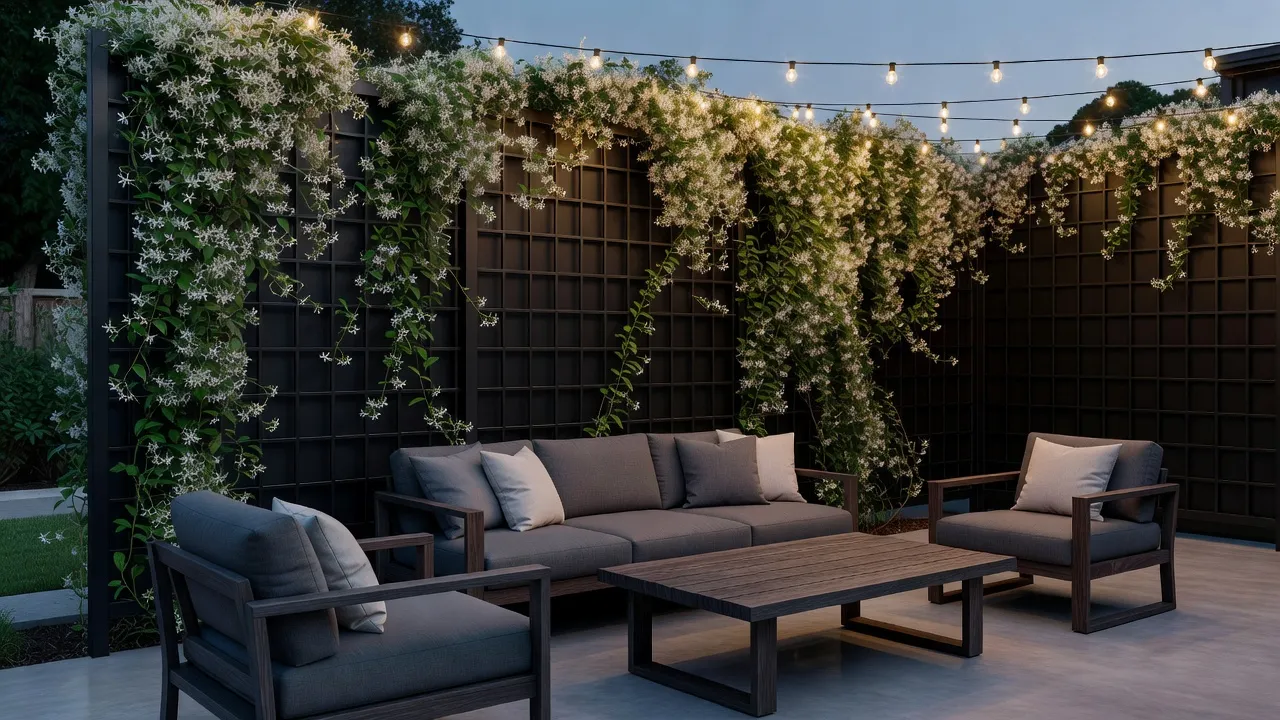 Black metal privacy trellis wall with star jasmine vines surrounding a modern patio setting.