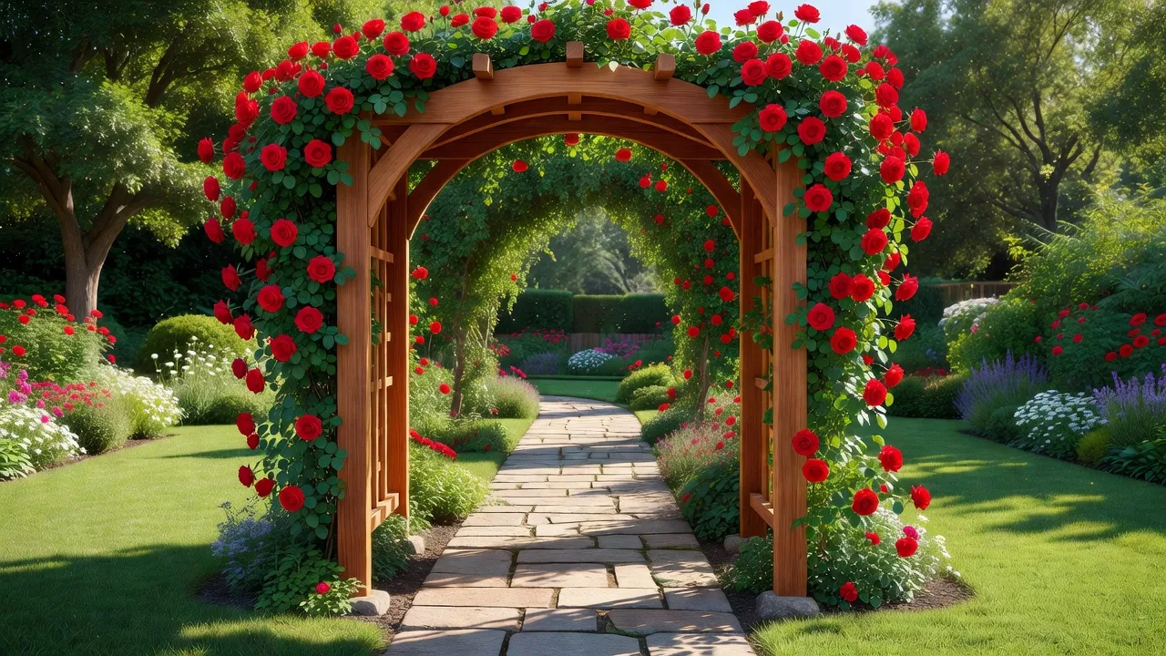 A beautifully built wooden arch garden trellis covered in climbing roses in a vibrant summer backyard.