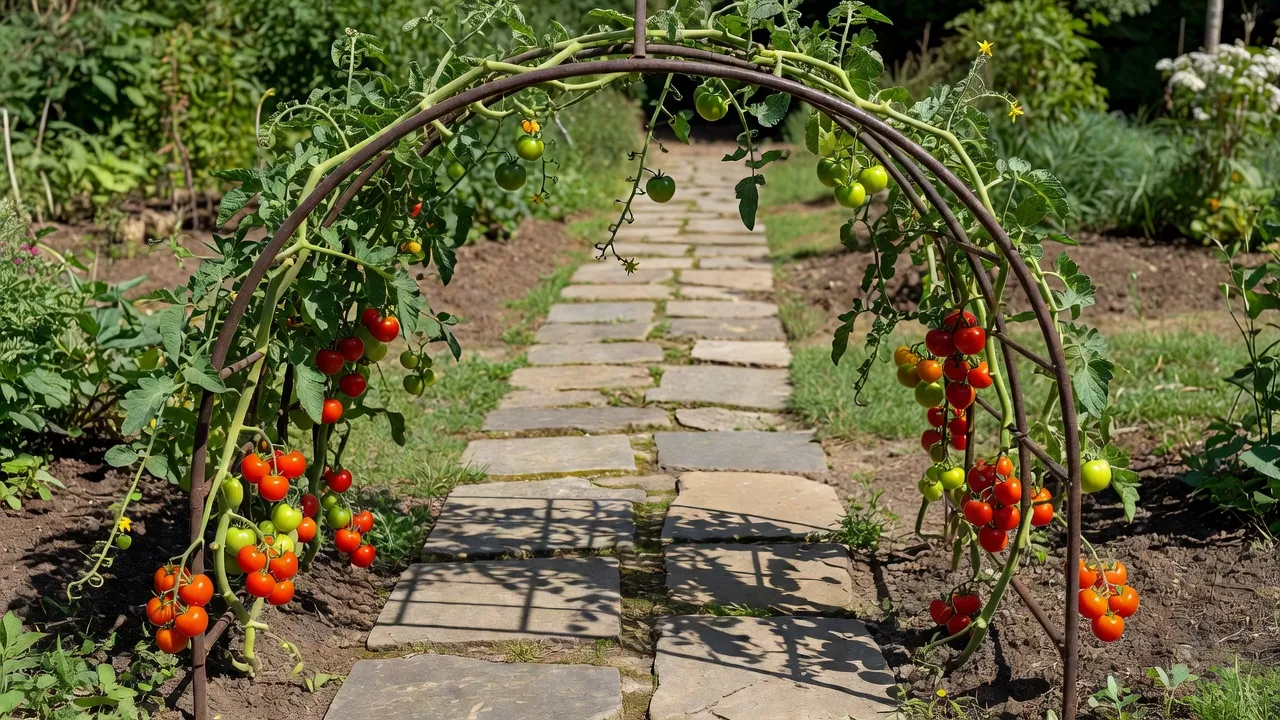 Metal arch trellis over a stone garden path filled with climbing cherry tomato plants.