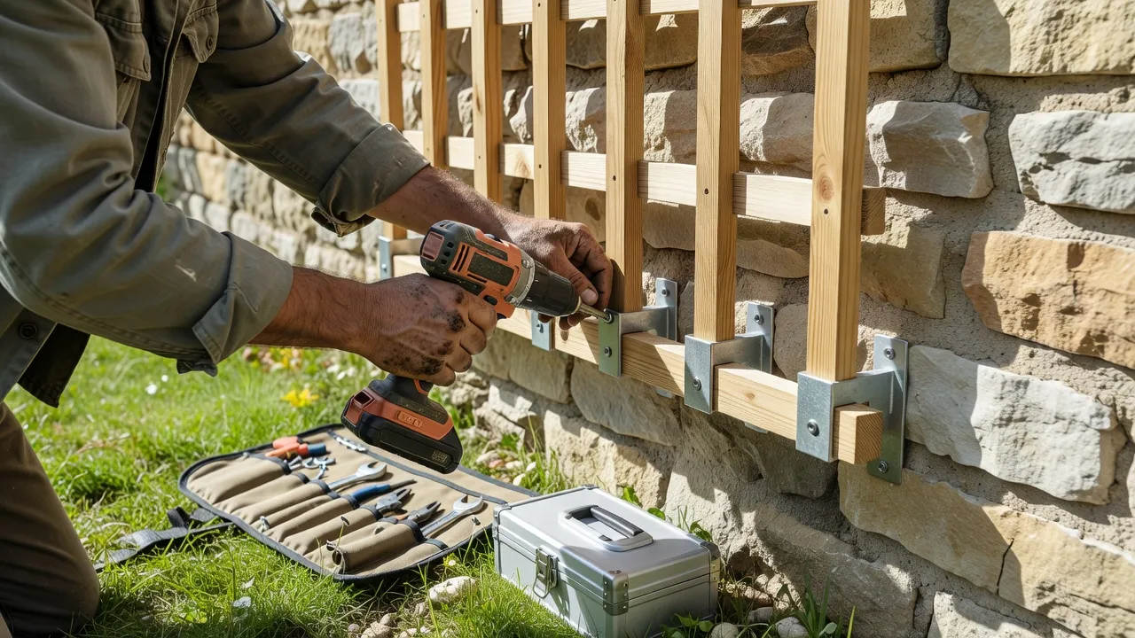 Person installing mounting brackets to anchor a wooden trellis securely to an exterior wall.