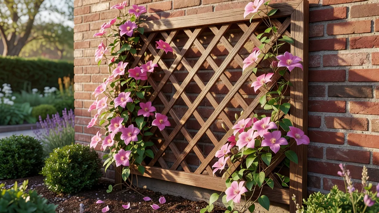 Wooden lattice garden trellis mounted on a brick wall supporting pink clematis vines.