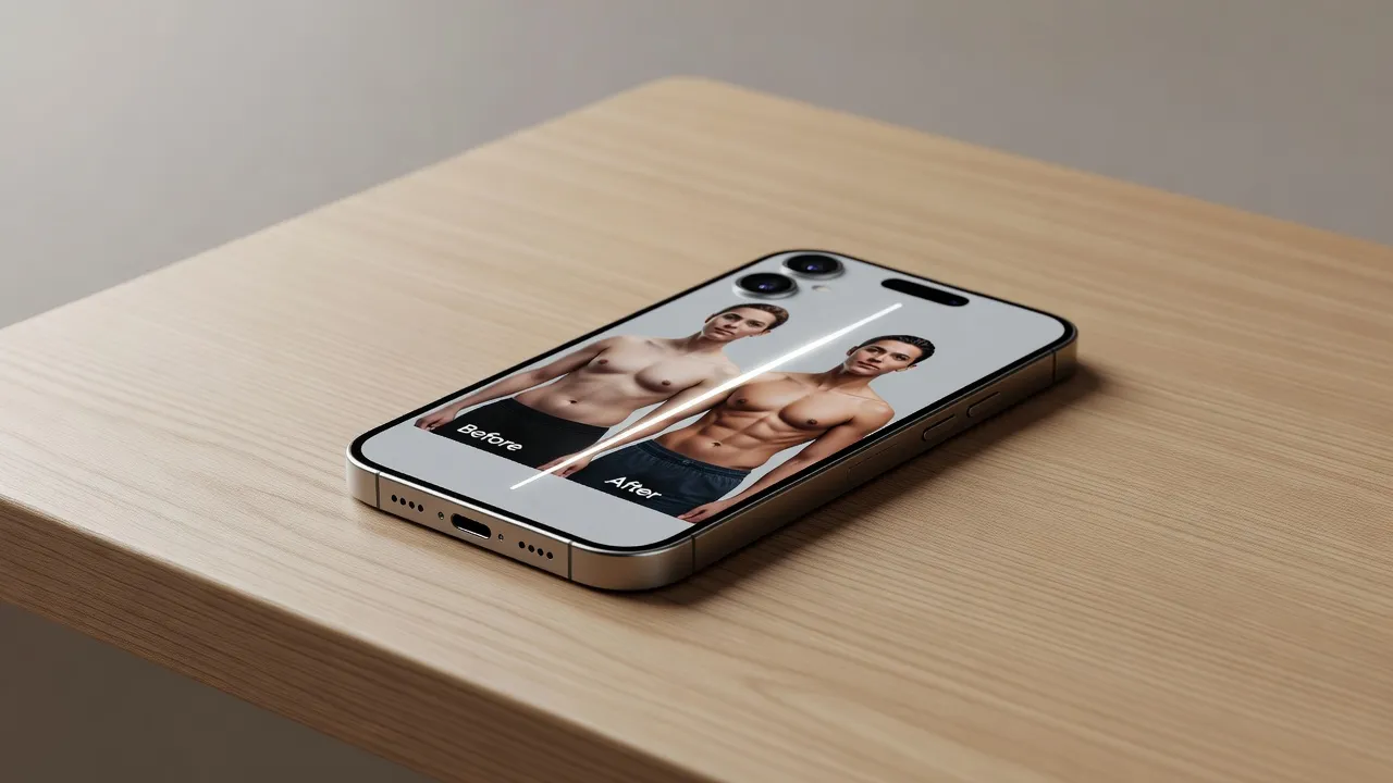 Interactive before and after photo slider showing a fitness transformation on a mobile screen