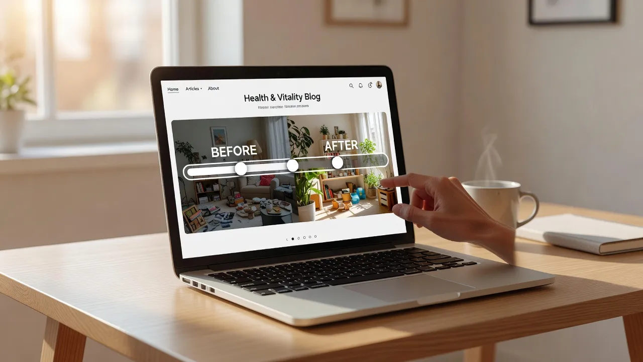 Laptop screen displaying a responsive before and after photo slider embedded on a fitness blog.