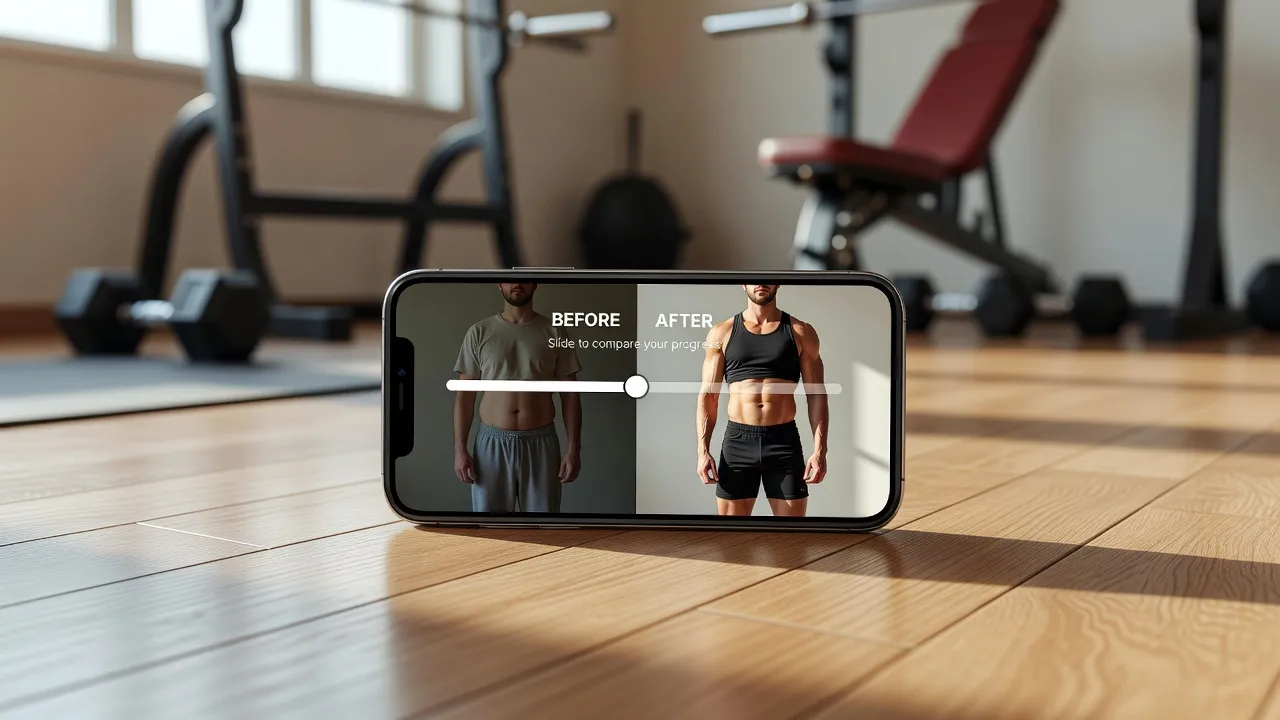 Smartphone interface showing an interactive before and after photo slider app comparing physique progress.