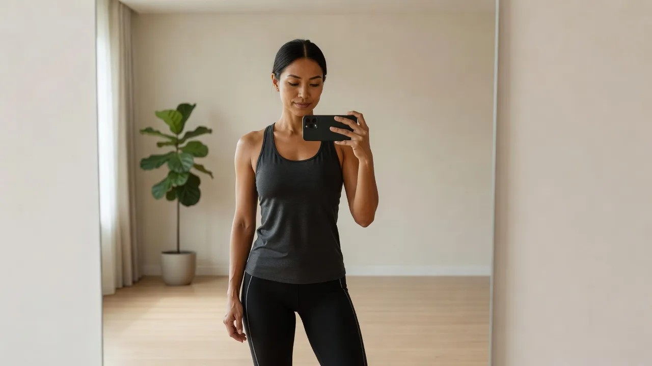 Person taking a confident photo in activewear after a workout session.