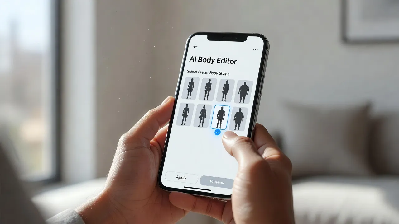 A mobile screen displaying presets for body weight visualization and muscle edits.