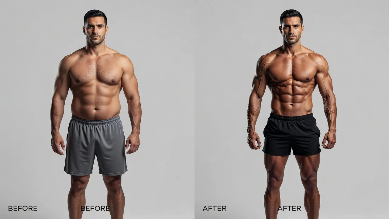 Before and after photo previewing body weight loss simulation on a standing subject.