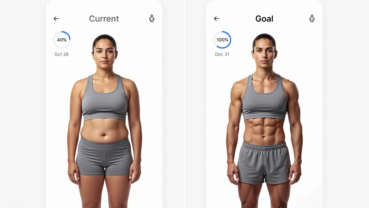 Side by side comparison of a body weight visualizer previewing a physical transformation on a mobile screen.