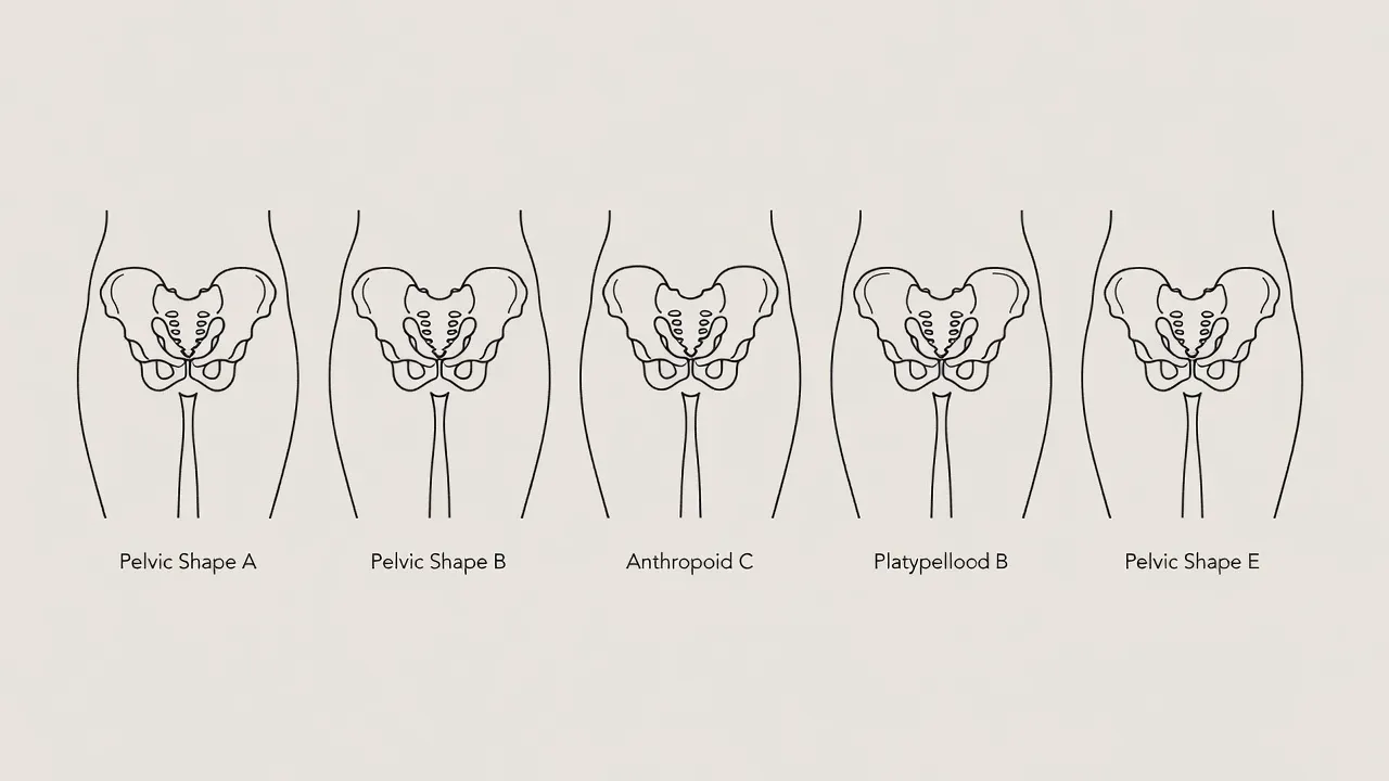 Diagram comparing the five primary types of hips including square, heart, round, inverted triangle, and violin shapes.