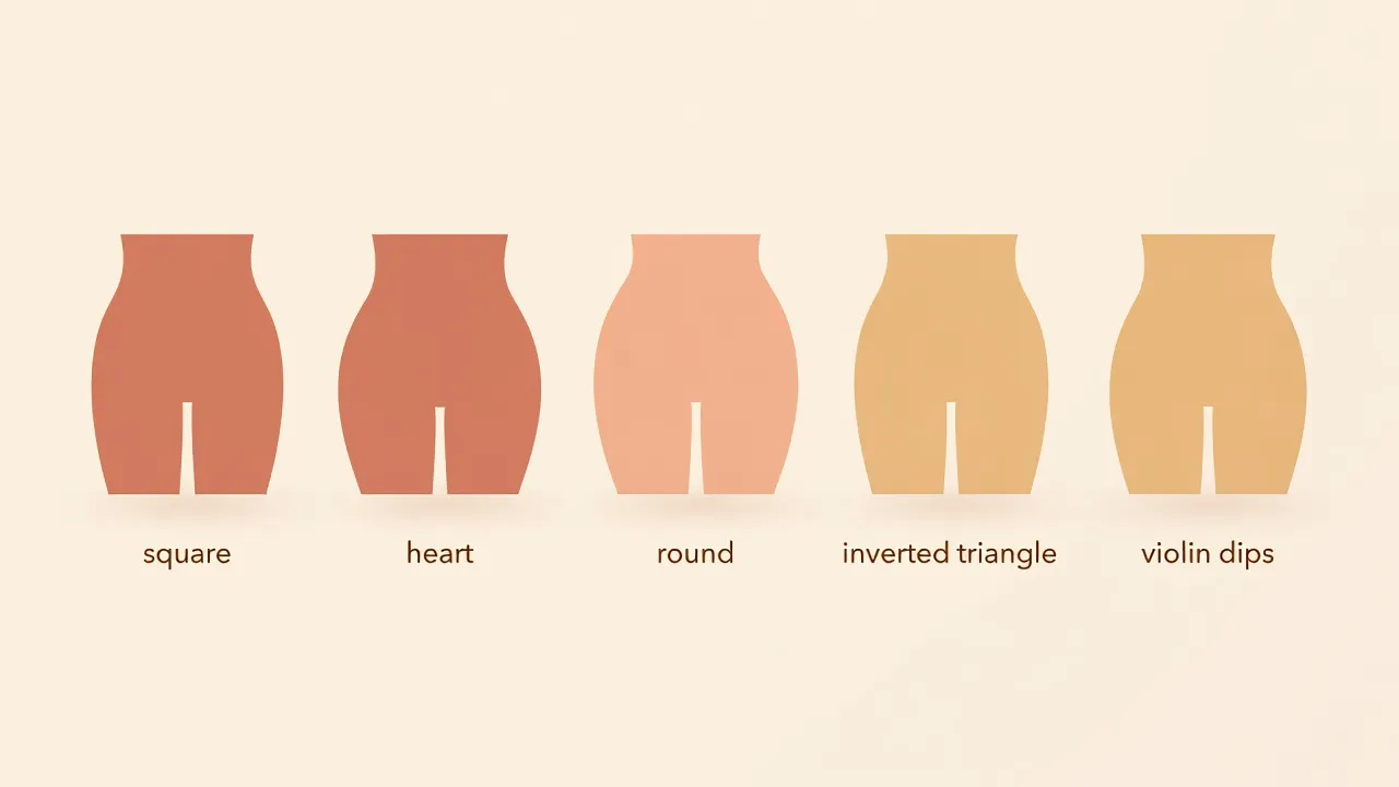 Diagram demonstrating five different hip shape silhouettes side by side on soft background