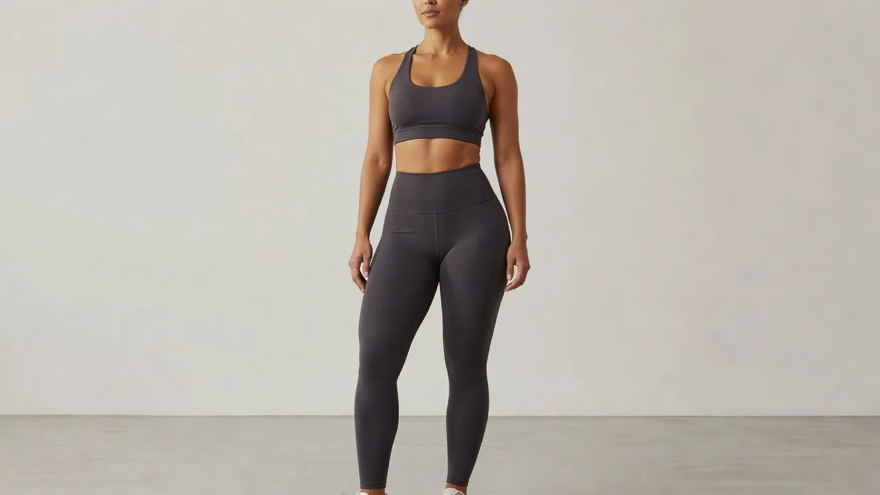Woman with a round O-shape hip profile demonstrating natural curves in fitness wear.