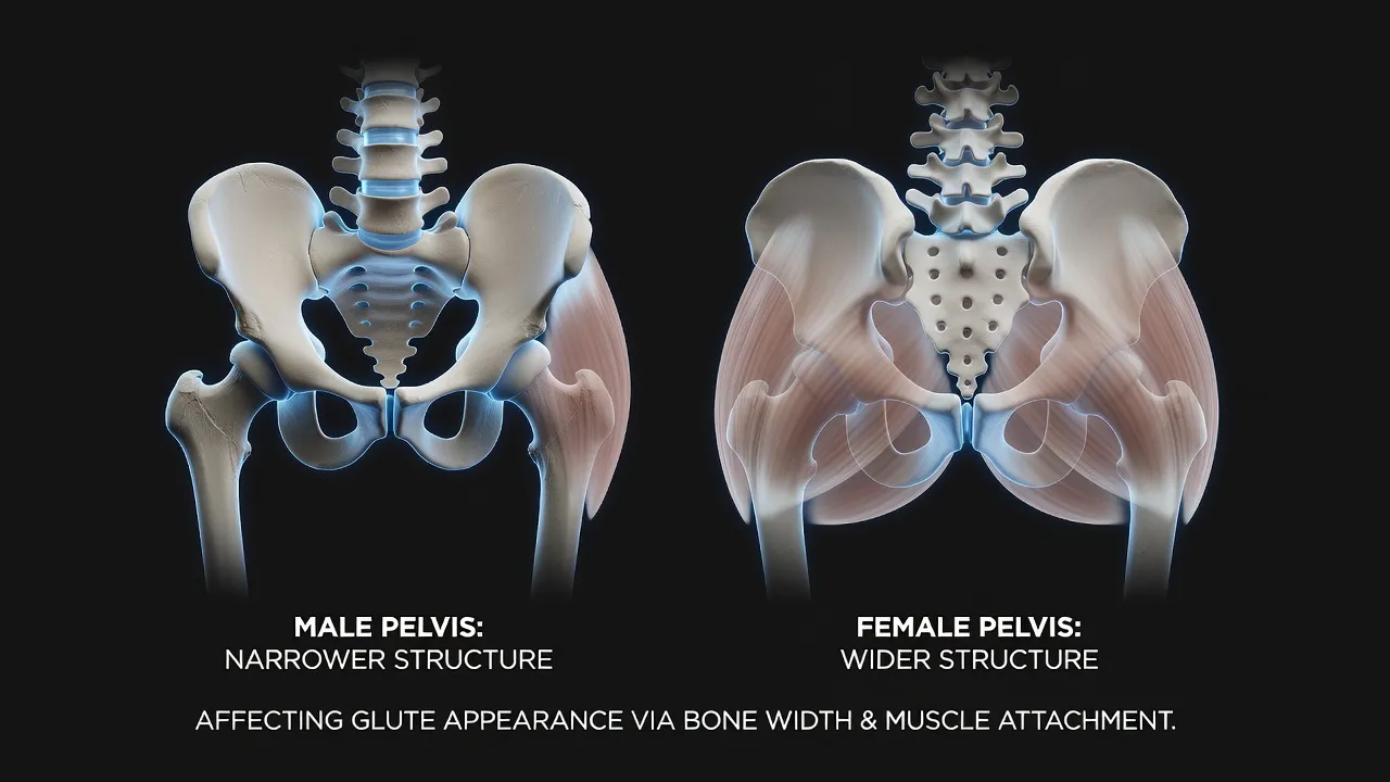 Diagram showing differences between male and female pelvic anatomy and glute shapes.
