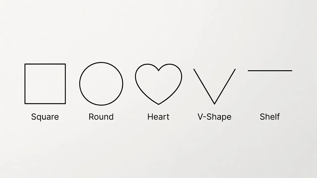 Diagram showing five types of buttocks shapes including square, round, heart, V-shape, and shelf shape.