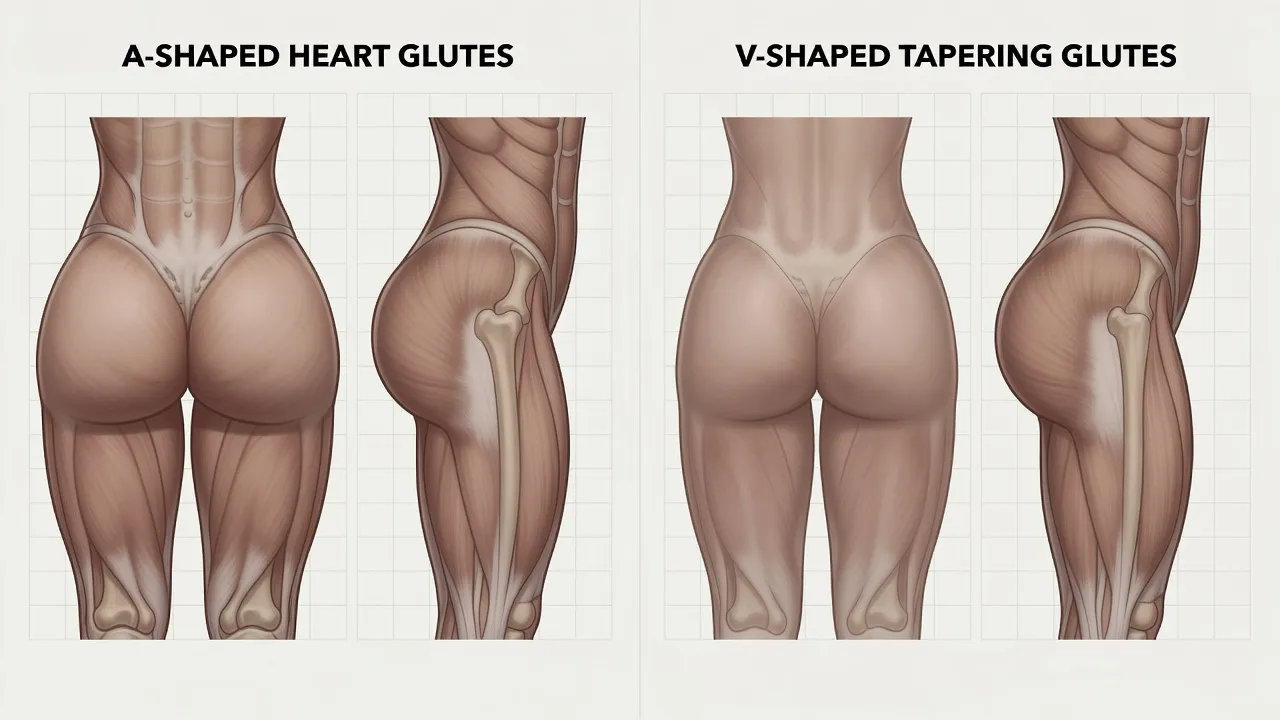 Visual comparison of A-shaped glute contour versus V-shaped glute contour.