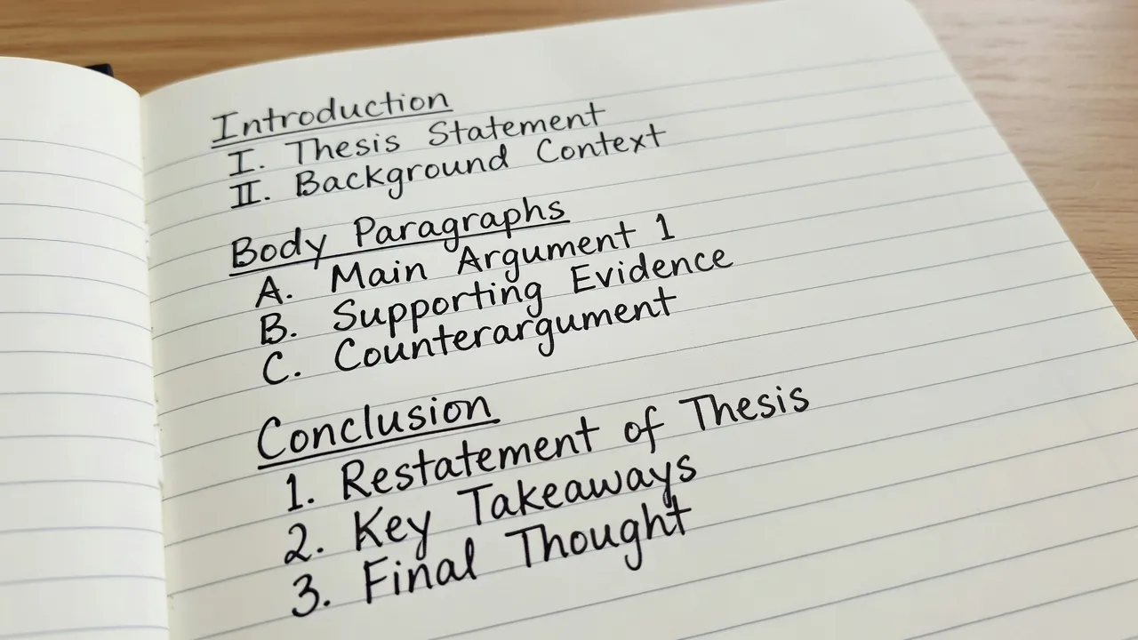 Detailed handwritten 5-paragraph essay outline notes in a spiral notebook.
