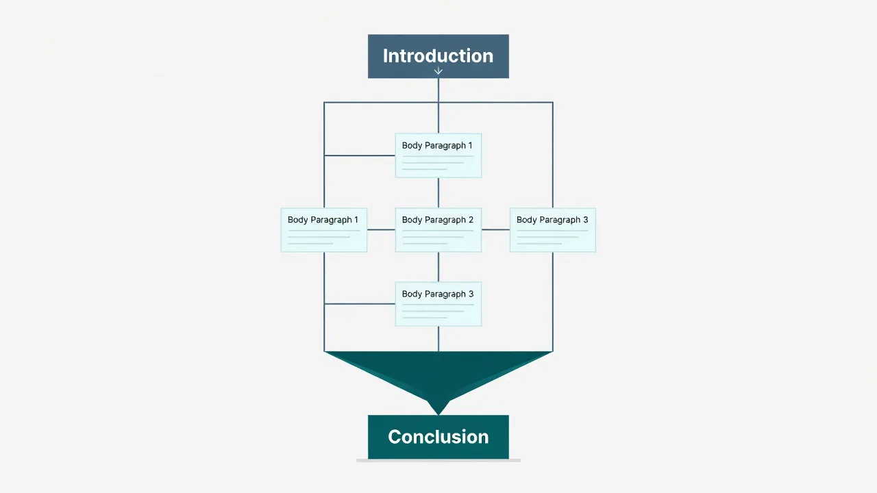 Diagram showing the structure and flow of a 5-paragraph essay outline.