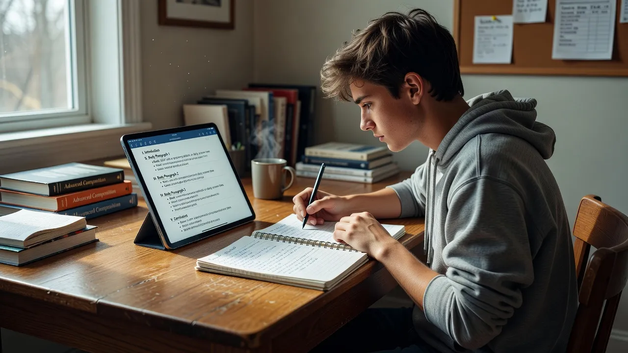 Student creating a 5-paragraph essay outline at a clean study desk.