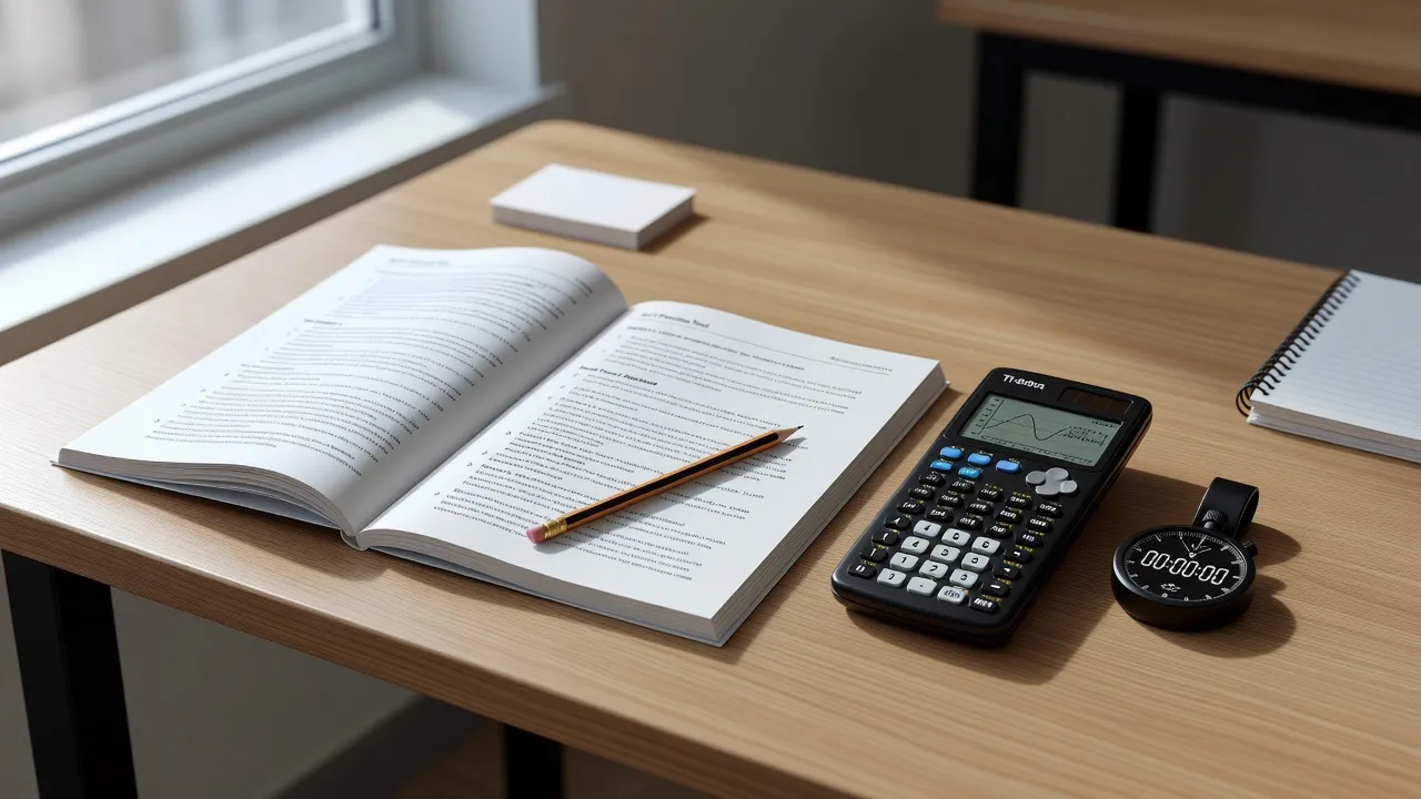Printed official ACT practice test PDF booklet sitting on a desk with a pencil and calculator for timing.