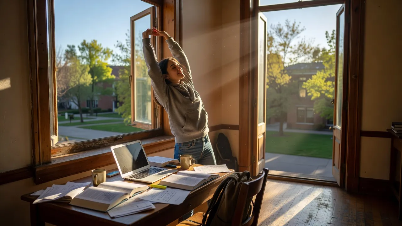 A student taking an active physical break away from their desk to clear focus.