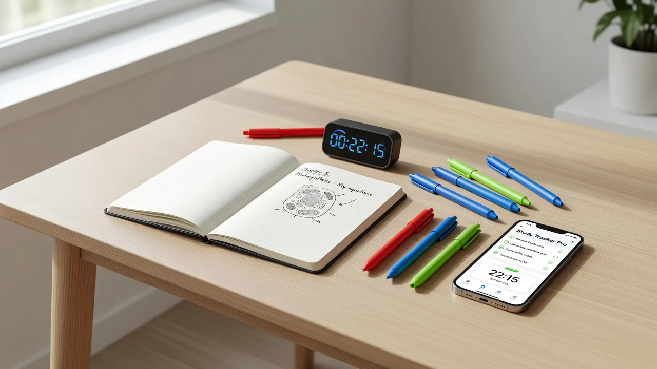 ADHD student organized study workspace with visual timer and notebook