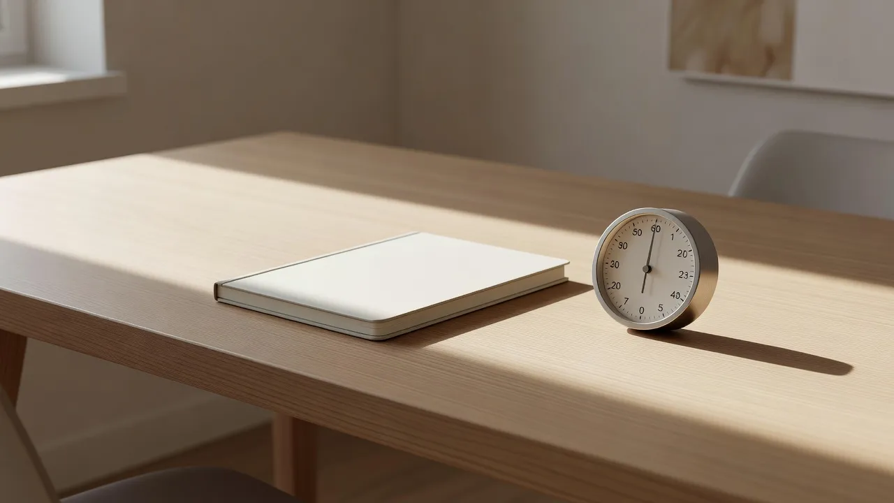 Clean workspace with timer and open planner representing promptness and focus