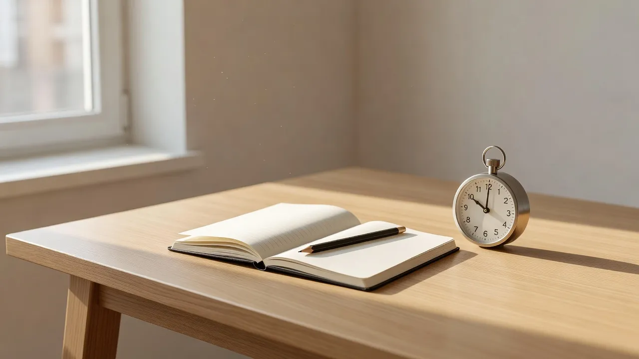 Minimalist desk setup with timer and notebook representing focused work and promptness.