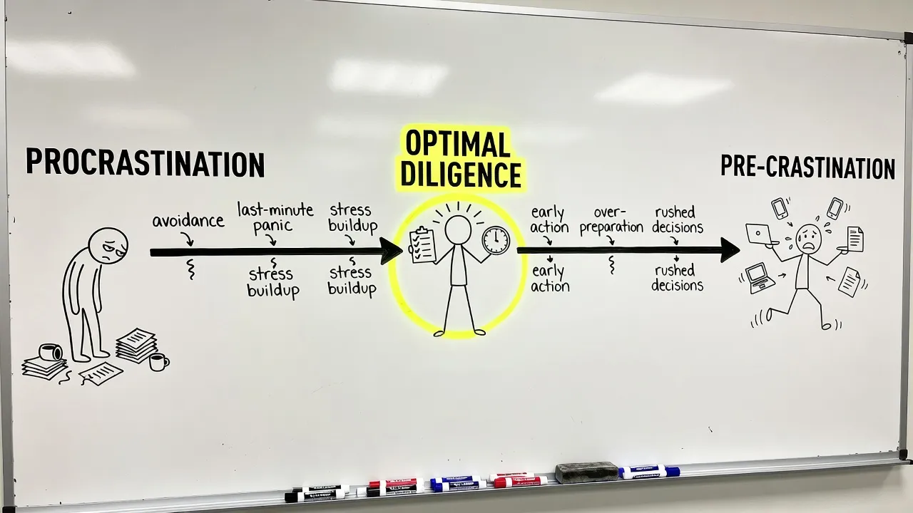 Whiteboard diagram explaining the psychological spectrum between procrastination, diligence, and precrastination.