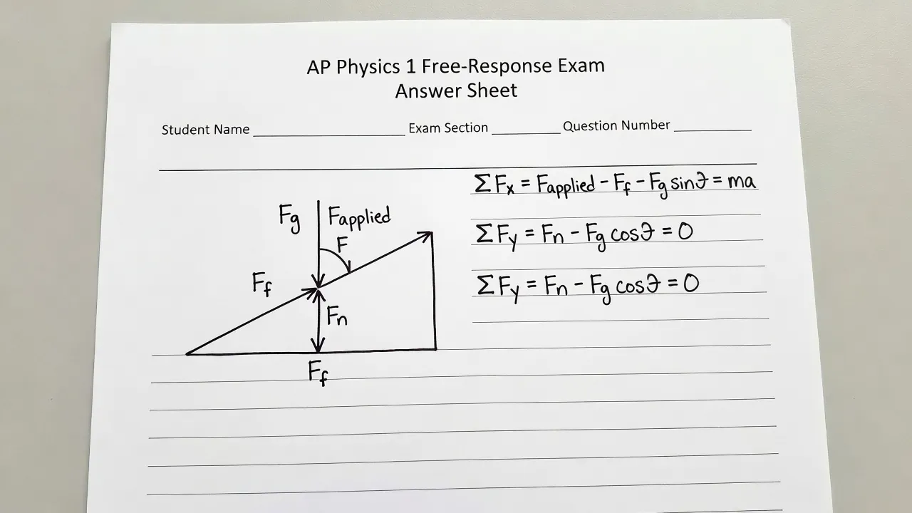 Handwritten AP Physics 1 FRQ answer sheet featuring a free-body diagram and algebraic derivations.