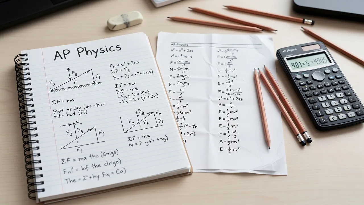 Student solving an AP Physics 1 free-response question with a calculator and formula sheet.