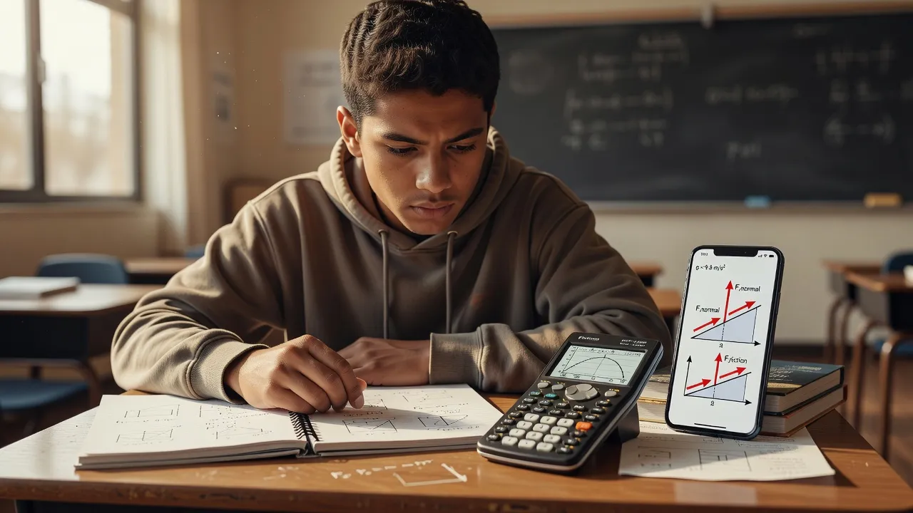 High school student practicing AP Physics 1 FRQ prompts with a mobile app and graphing calculator.