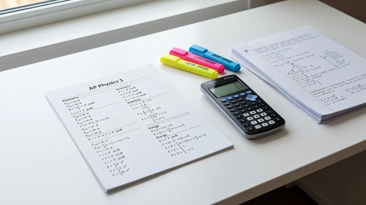 The official AP Physics 1 reference sheet document resting on a wooden desk with a calculator and physics study notes.