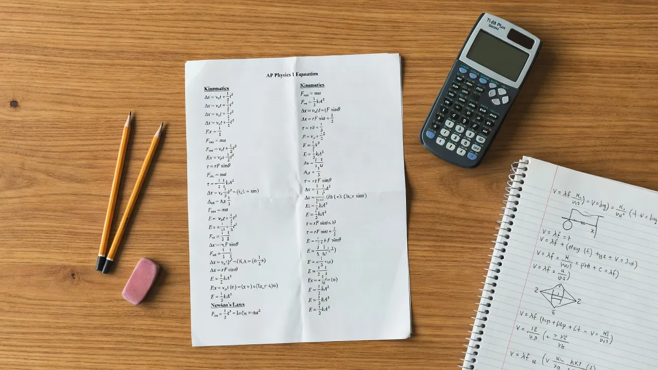 Official AP Physics 1 reference sheet printed on paper next to a calculator and study materials.
