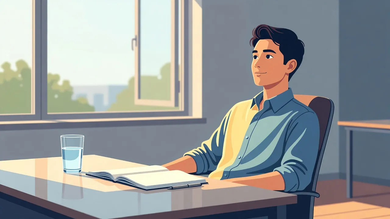 Illustration of a student enjoying a relaxed study break at a clean desk with a notebook and water glass.
