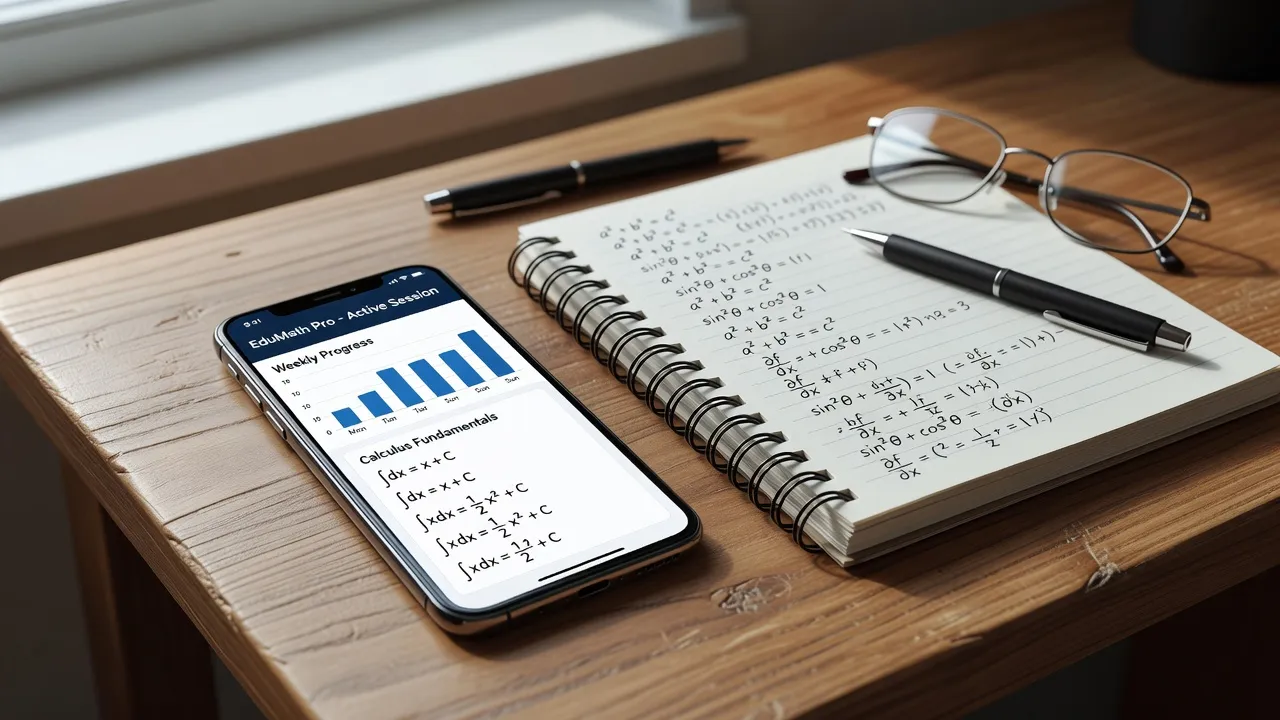 Smartphone on study desk displaying step-by-step math problem breakdown alongside notebooks.