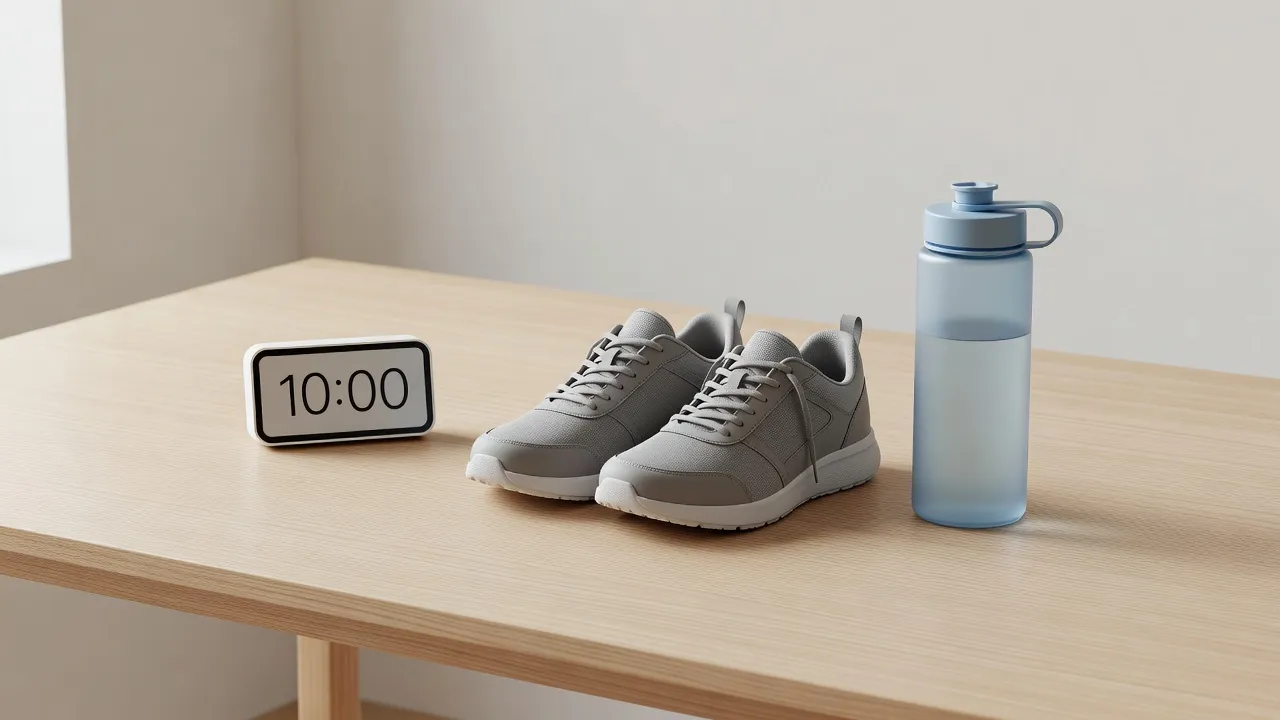 Timer set to 10 minutes beside water bottle and shoes representing an active study break.