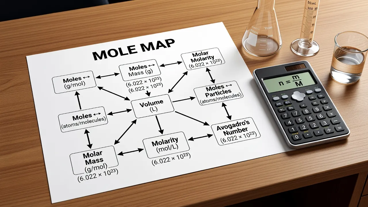 Chemistry conversion chart showing mole map pathways between grams, moles, liters, and particles.