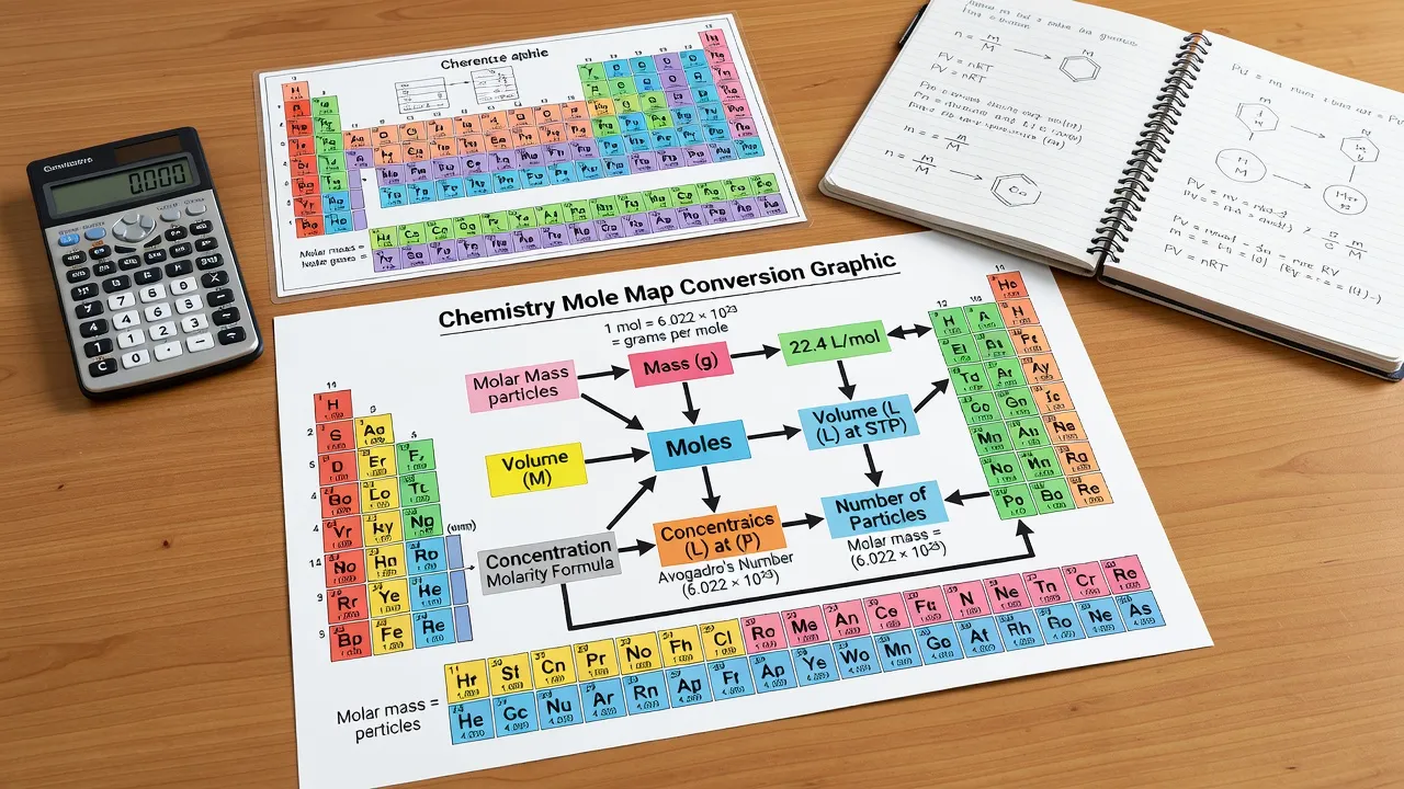 A clear, well-organized chemistry conversion chart graphic showing mole map connections between grams, moles, liters, and particles on a study desk.