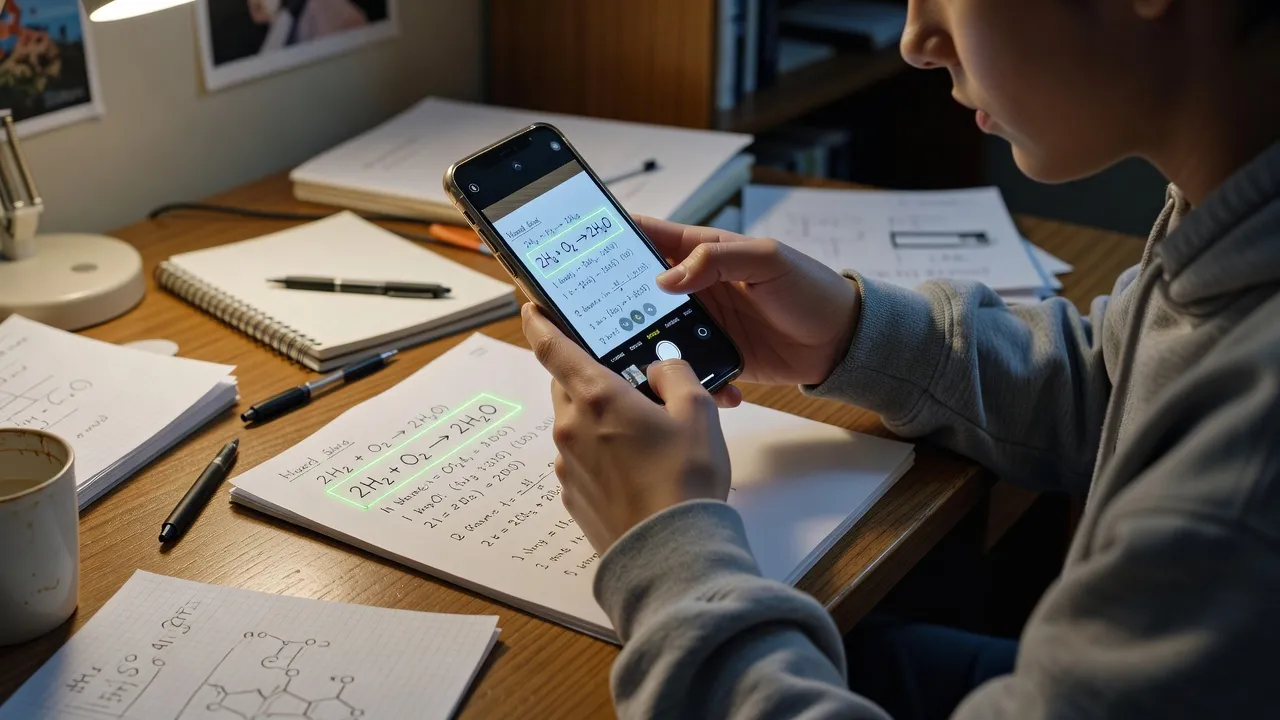 Student using ThinkAssist app on iPhone to scan and solve a chemistry mole conversion problem.