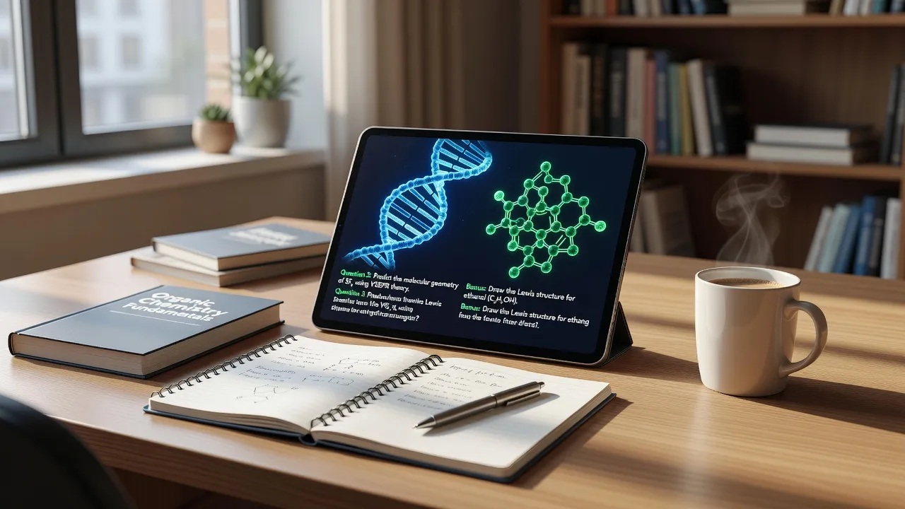 A modern digital study setup showing chemistry practice quizzes, molecular formulas, and study apps on a tablet and laptop screen.