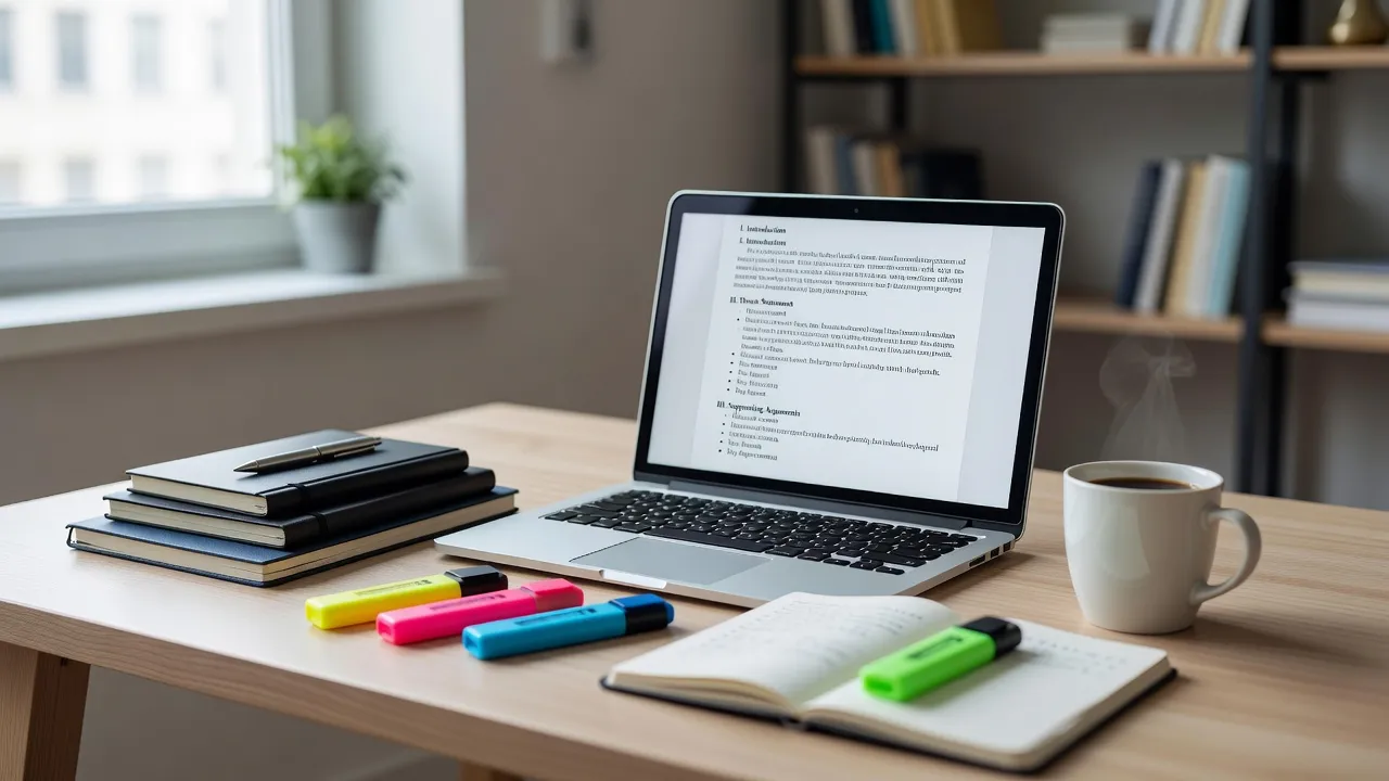 A student outlining a persuasive essay on a laptop with notebooks and highlighters nearby.
