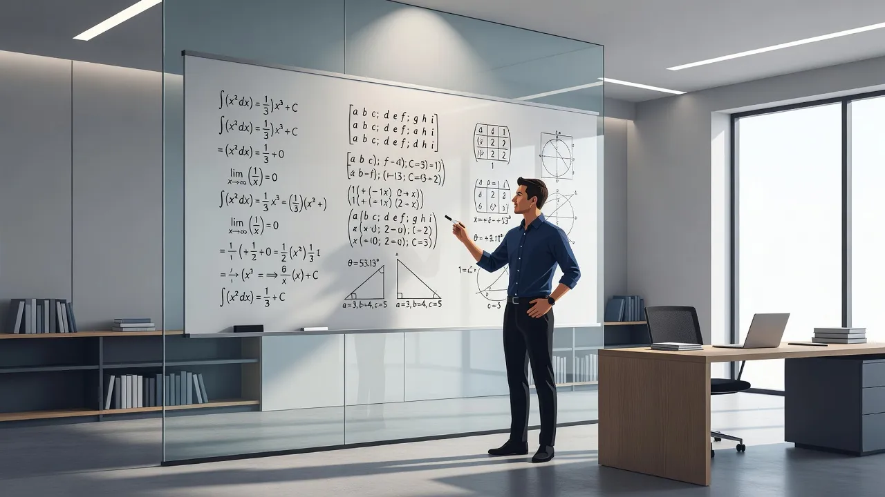 A high school student working on complex math equations on a whiteboard alongside a laptop with digital math graphs.