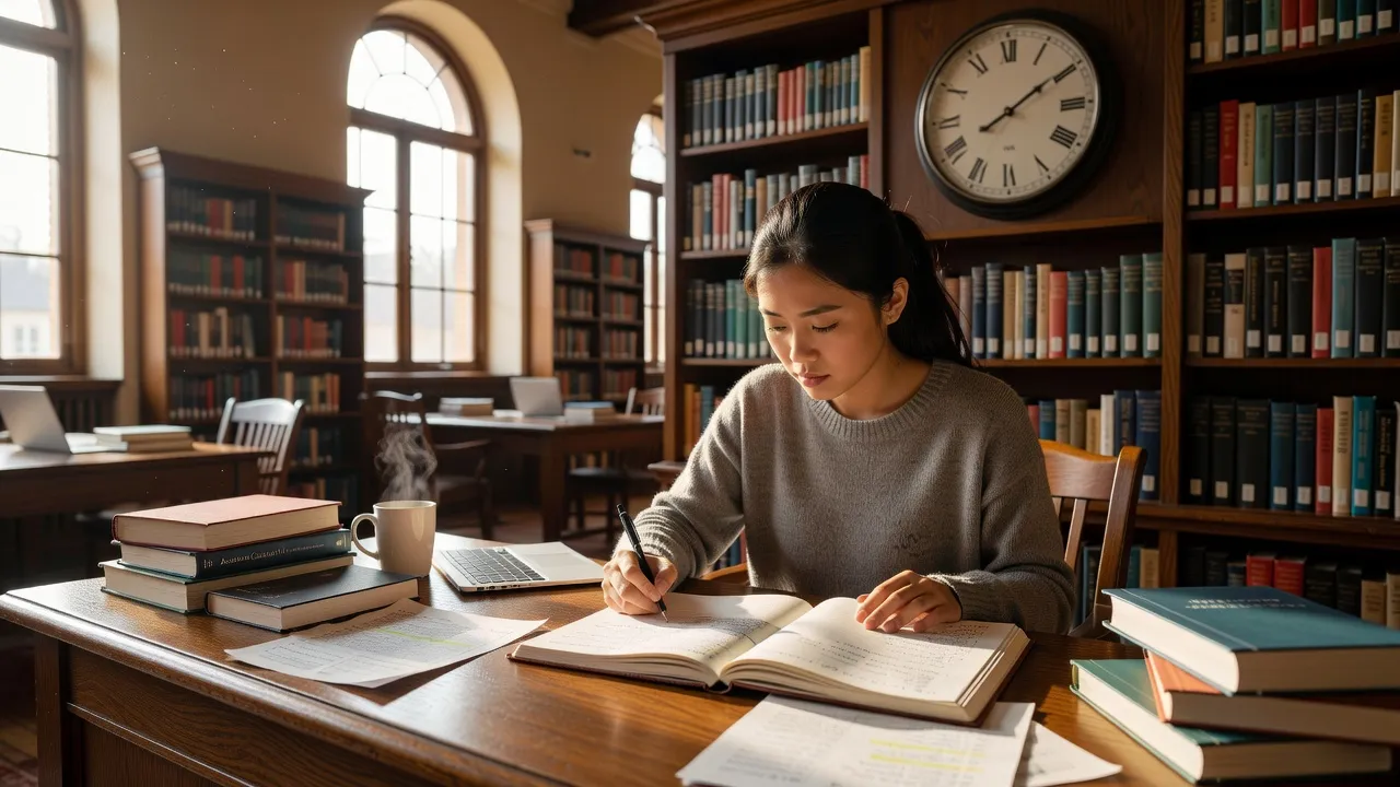 A student managing a 14-day final exam study schedule in a quiet library setting.