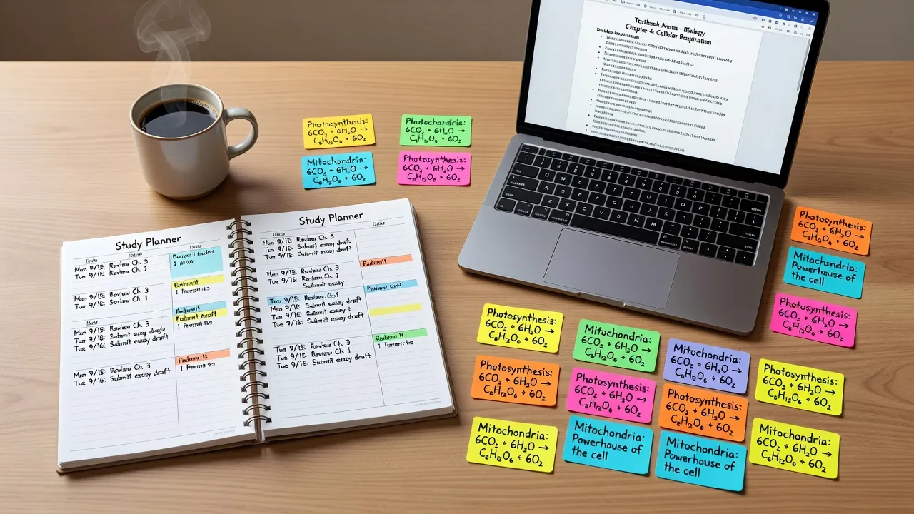 An organized student desk setup prepared for a final exams study session.