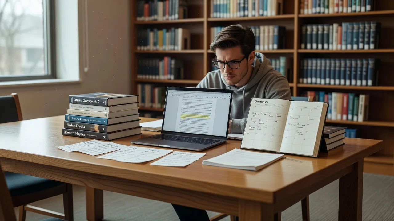 A student organizing study materials, laptop notes, and calendar for final exam prep.